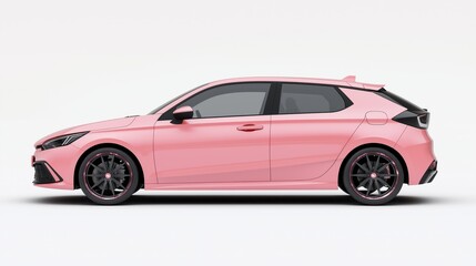 a Powder pink hatchback car, rendered in photorealistic style with highly reflective surfaces