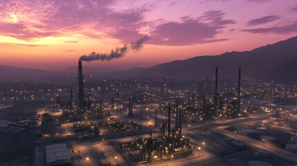 Fototapeta premium Aerial View of a Dusk-lit Oil Refinery Plant in an Industrial Landscape