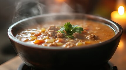 A steaming bowl of freshly cooked soup with rich textures, close-up shot, in a homey kitchen, warm and inviting composition, with soft candlelit ambiance