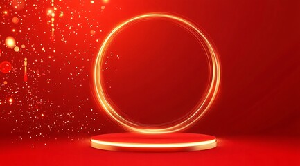 Product showcase on a red-themed exhibition booth with golden particles, perfect for business, commercial celebrations, product launches, and e-commerce events, with ample whitespace background to emp