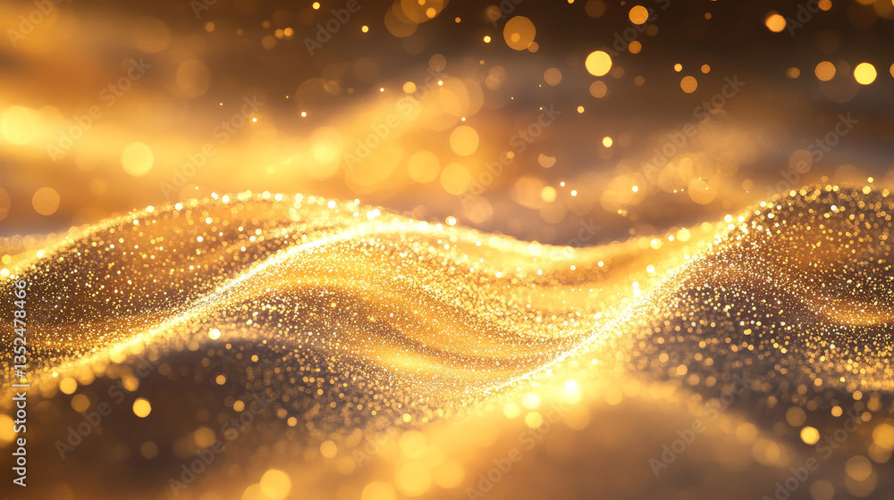 Poster digital particles wave flow gold color with bokeh abstract motion background concept