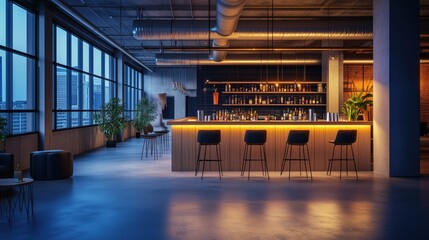 A stylish bar setup in an open office space for an after-work event, wide-angle shot, in a contemporary corporate environment, sleek and inviting composition, with soft ambient lighting
