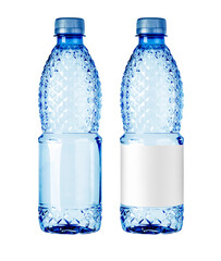Small water bottles showing front view with blank label and without label