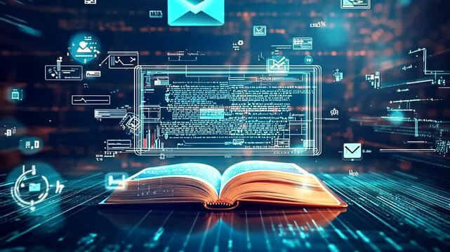 Open book with digital data flow, representing knowledge transfer in a tech-driven environment