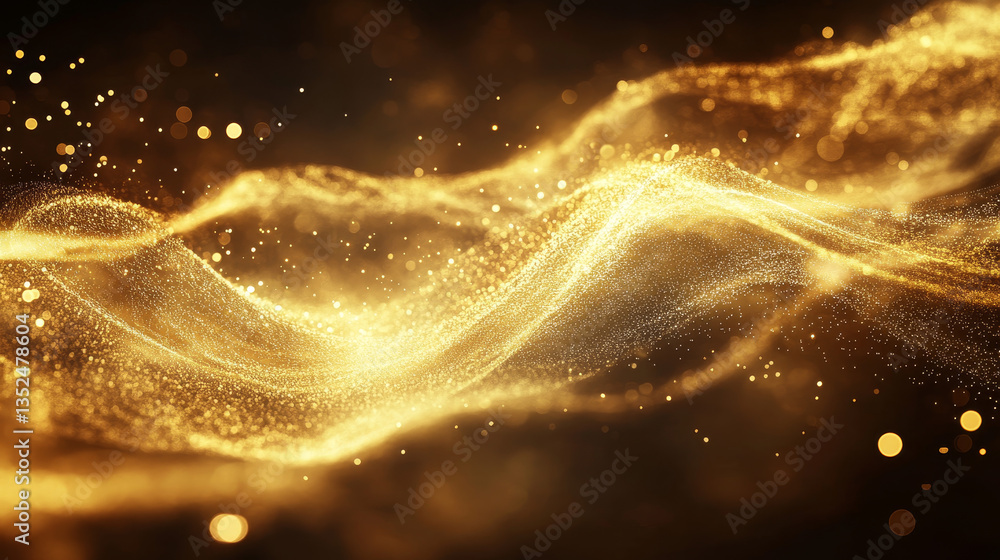 Poster digital particles wave flow gold color with bokeh abstract motion background concept