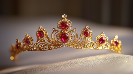 A beautiful golden tiara adorned with glittering gemstones and delicate metalwork, perfect for a princess or queen.