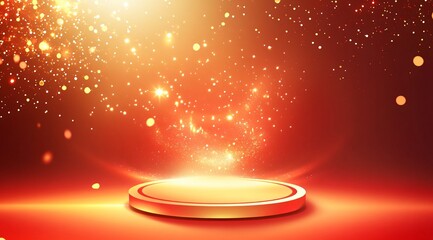 Product showcase on a red-themed exhibition booth with golden particles, perfect for business, commercial celebrations, product launches, and e-commerce events, with ample whitespace background to emp
