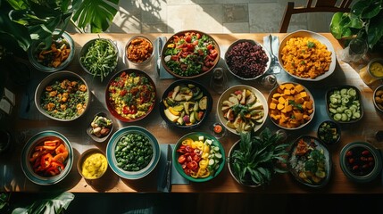 Fototapeta premium A table filled with colorful vegetarian dishes, top-down shot, in a cozy plant-filled dining space, vibrant and fresh composition, with soft daylight