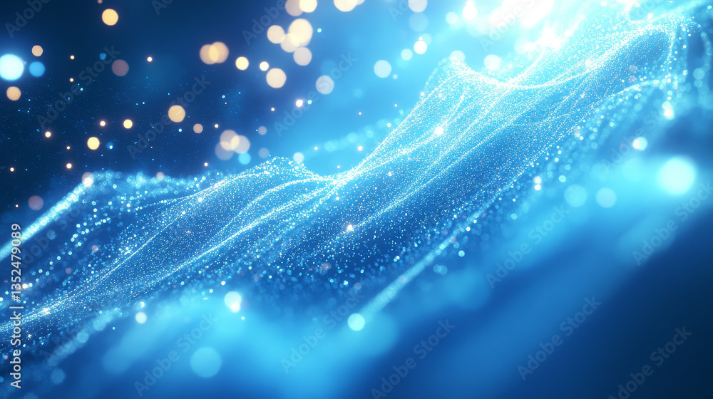 Poster abstract blue color digital particles with bokeh and light background
