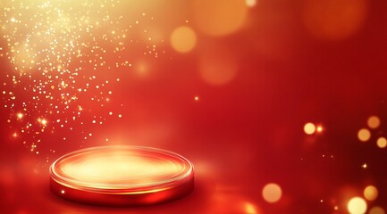 Product showcase on a red-themed exhibition booth with golden particles, perfect for business, commercial celebrations, product launches, and e-commerce events, with ample whitespace background to emp