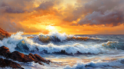 Fototapeta premium A powerful ocean wave crashing against rugged rocks at sunset