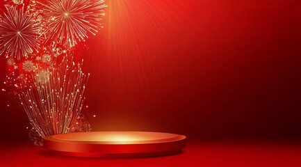 Product showcase on a red-themed exhibition booth with golden particles, perfect for business, commercial celebrations, product launches, and e-commerce events, with ample whitespace background to emp