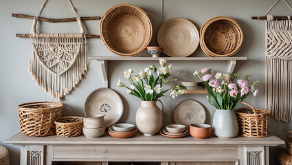 A serene farmhouse kitchen styled with handcrafted woven baskets, delicate macrame wall art, and earthy pottery, warmed by soft natural light and blooming spring flowers.