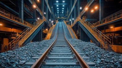 Obraz premium Industrial interior with railway tracks leading to a conveyor belt carrying stones.