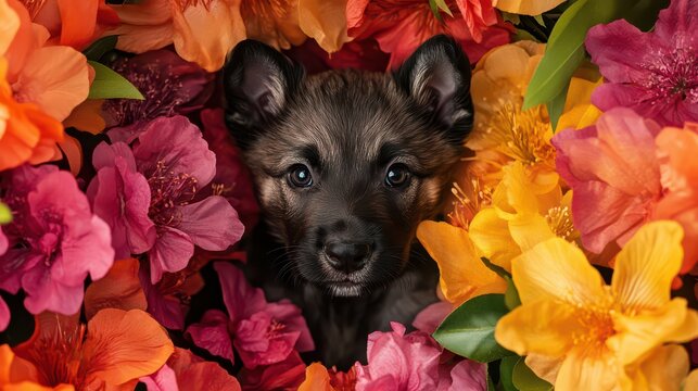 A fluffy, playful puppy surrounded by a vibrant array of colorful flowers, its adorable face peeking out as it enjoys the warmth of the spring season.