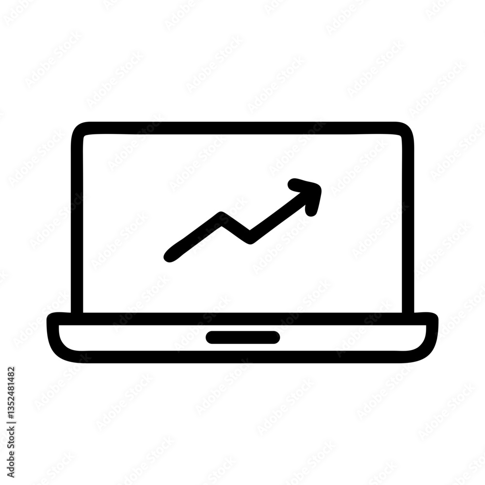 Poster laptop icon with upward-trending line graph - flat stroke design for apps and analytics
