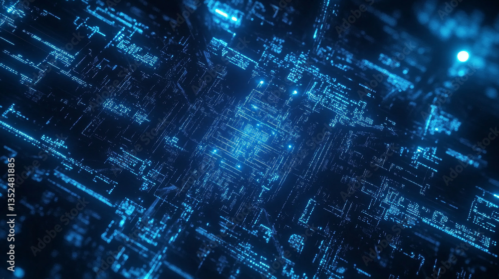 Poster hud blue digital cyberspace and digital matrix with particles and lighting. digital data network con