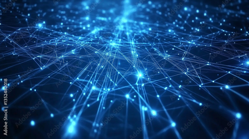 Poster blue digital cyberspace digital data network connections, wave flowing with lines and dots connectio