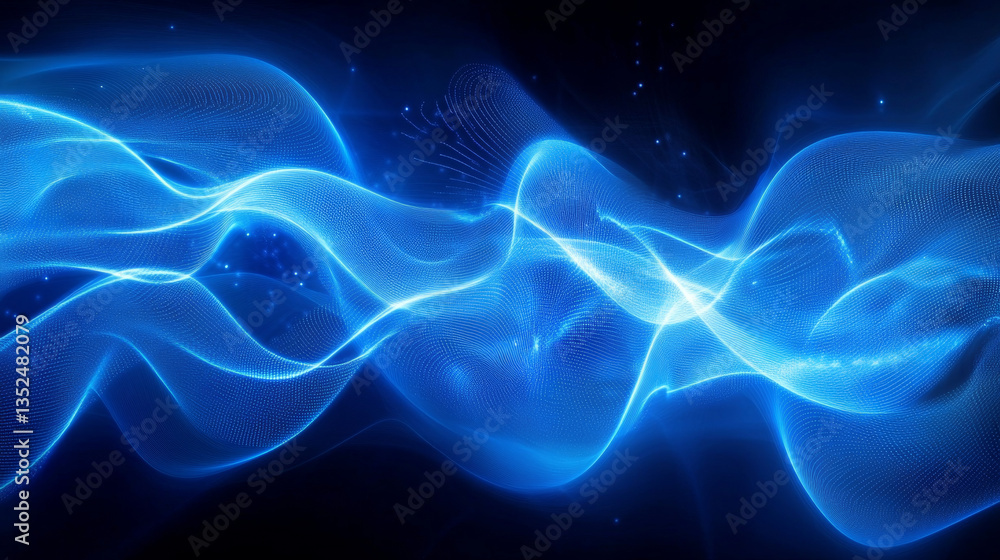 Poster blue digital cyberspace digital data network connections, wave flowing with lines and dots connectio
