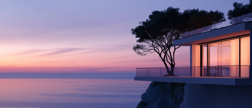 Fototapeta Modern house on a cliff overlooking the ocean at sunset. the sky is a beautiful shade of pink and purple, with the sun setting on the horizon.