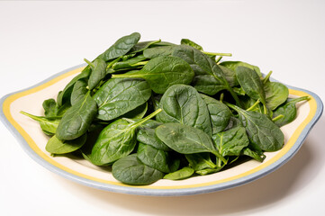 Fresh green baby Spinach leaves, diet and health concept, weight loss, washed spinach on ceramic...