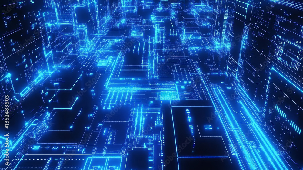 Poster blue digital cyberspace and digital matrix with particles and lighting. digital data network connect