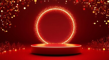 Product showcase on a red-themed exhibition booth with golden particles, perfect for business, commercial celebrations, product launches, and e-commerce events, with ample whitespace background to emp