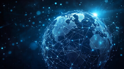 Vector blue neon illuminated globe with geometric polygonal grid and glowing points - connection network or international business concept