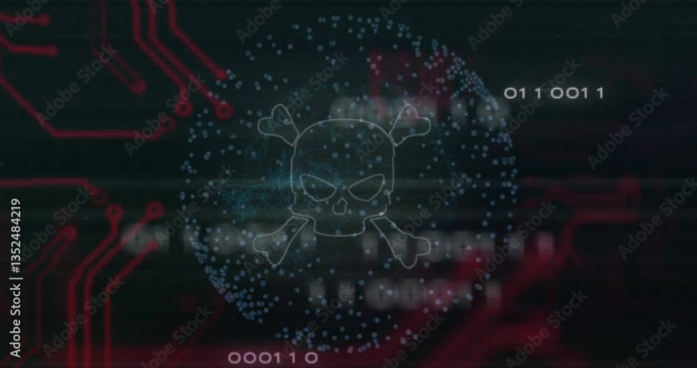 Poster skull and crossbones with binary code and circuit patterns in digital animation