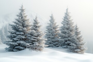 Fototapeta premium A stunning winter scene featuring snow-covered evergreen trees standing gracefully in a serene, frosty landscape.