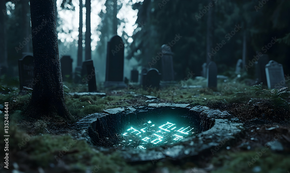 Poster mysterious glowing symbols emerge from an ancient stone pit in a foggy graveyard surrounded by trees