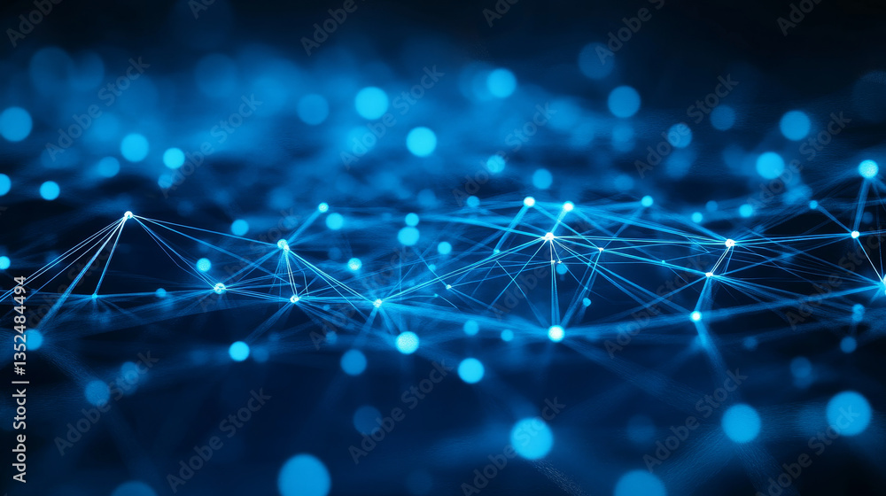 Poster blue vector abstrack illustration wiith glowing polygonal mesh with shining points - connection netw
