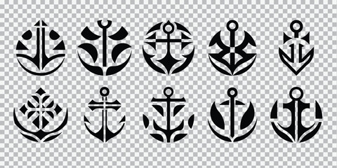 Minimalist anchor icons, nautical symbols, black and white, graphic design, vector illustrations, seafaring motifs, maritime emblems, simple geometric shapes, circular designs, stylized ship wheels
