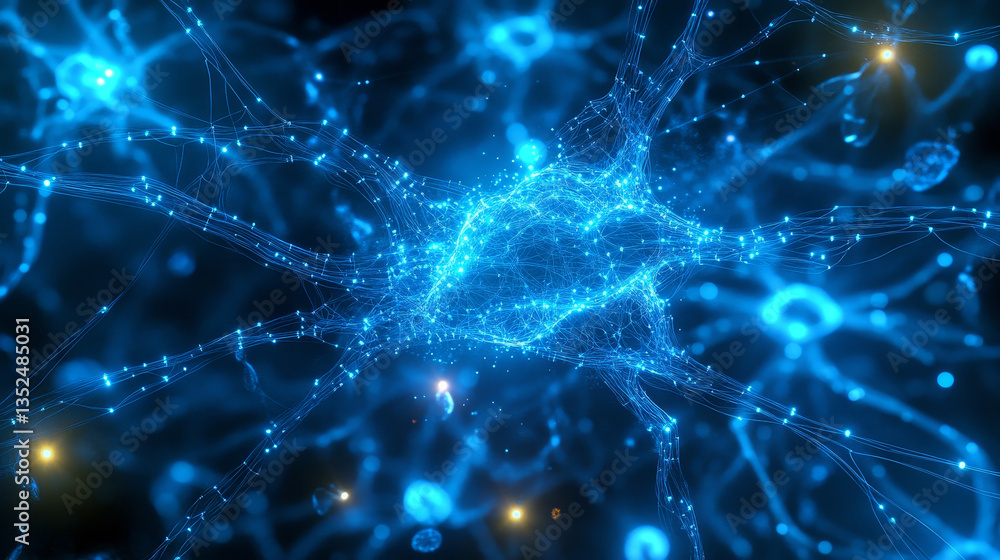 Poster digital wave network in blue tones, showcasing interconnected lines and glowing nodes on a dark back
