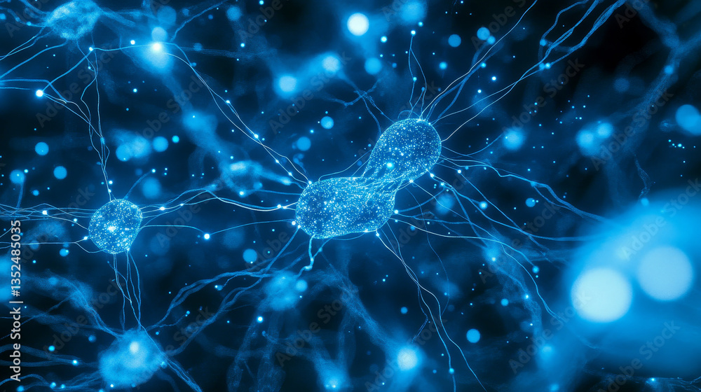 Poster digital wave network in blue tones, showcasing interconnected lines and glowing nodes on a dark back