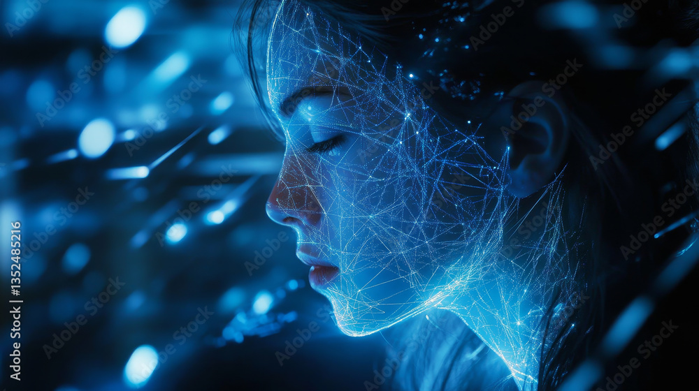 Poster digital wave network in blue tones, showcasing interconnected lines and glowing nodes on a dark back
