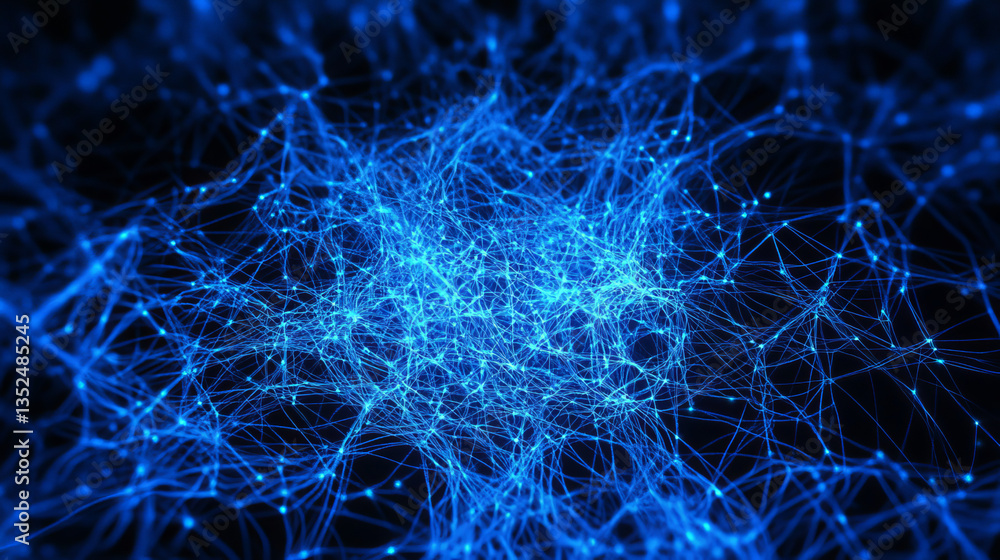 Poster digital wave network in blue tones, showcasing interconnected lines and glowing nodes on a dark back