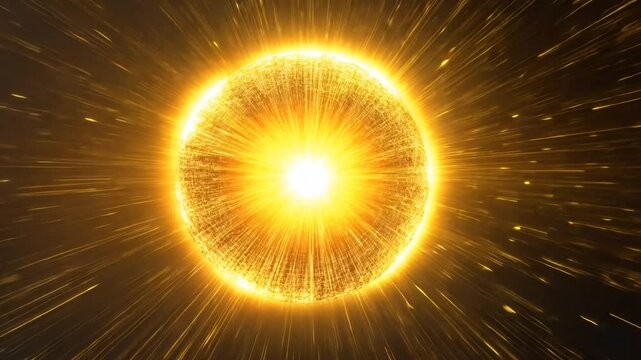 Bursting golden energy sphere radiating motion light particles. Science concept