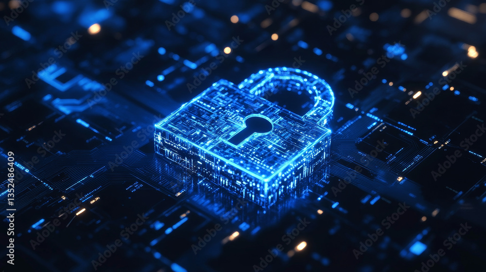 Poster blue padlock icon cyber security of digital data network protection, secure technology blockchain da
