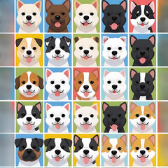 Obraz premium Variety of Dogs,Popular Dog Breeds,Cute and smile dog heads doodle vector set. Comic happy dog faces character design of corgi, beagle and Cute facial expression icon of the dog.