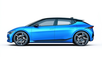 Fototapeta premium electric blue hatchback car, rendered in photorealistic style with highly reflective surfaces