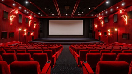 Fototapeta premium Red-themed cinema interior with vibrant decor, plush seating, and a cinematic atmosphere, capturing the essence of a modern movie theater experience with a bold and energetic design.