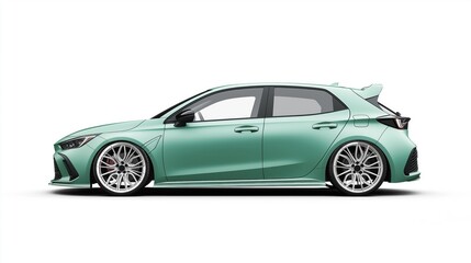 Obraz premium green pastel hatchback car, rendered in photorealistic style with highly reflective surfaces