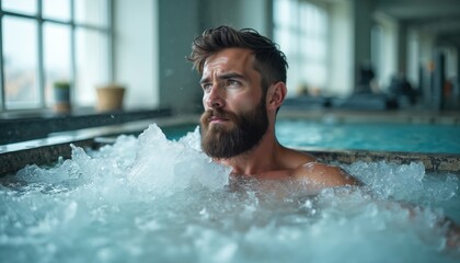 Caucasian man with beard chilling in ice bath at gym. Male relaxes, recovers muscles, takes care of health. Athlete enjoys cryotherapy to boost strength, rejuvenate.