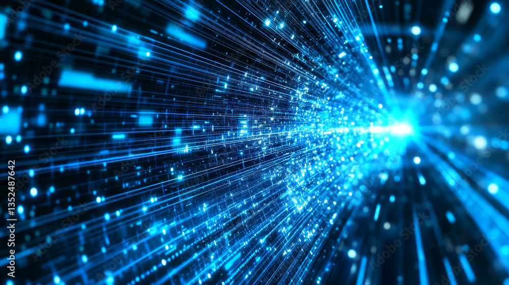Poster vivid blue digital network with streaming data particles, symbolizing fast digital communication and