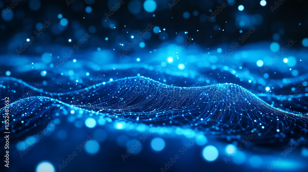 Poster vivid blue digital network with streaming data particles, symbolizing fast digital communication and