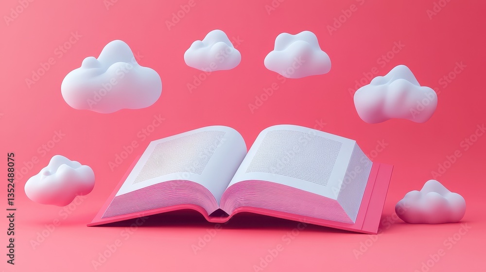 Poster an open book with clouds floating above a pink background