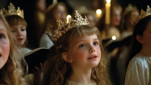 Young singers dressed in golden crowns perform a Christian hymn during a church event full of joy and devotion