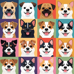 Obraz premium Variety of Dogs,Popular Dog Breeds,Cute and smile dog heads doodle vector set. Comic happy dog faces character design of corgi, beagle and Cute facial expression icon of the dog.