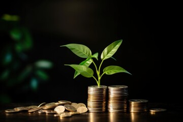 A small green plant growing from a stack of coins, symbolizing financial growth and sustainability, with a blurred background of foliage, ideal for financial or environmental themes